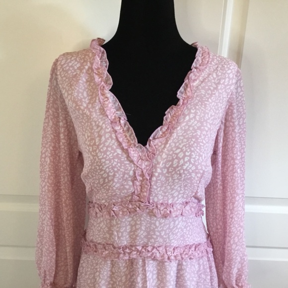 Women's Pink Deep V Neck Ruffle Flowing Mini Dress - Picture 5 of 9